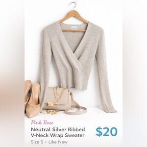 Pink Rose Neutral Silver Ribbed V-Neck Wrap Sweater